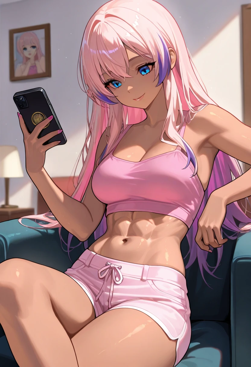 anime girl looking at the mirror, taking a selfie, Pink hair, ponytail, seductive anime girl, con hetecromia ,orange left eye and pink right eye, looking angrily, Best Anime 4K Konachan Wallpaper, anime rudo 8K, manga wallpaper 4k,  4K anime style, 4k anime wallpaper, thick, Moe anime art style, 