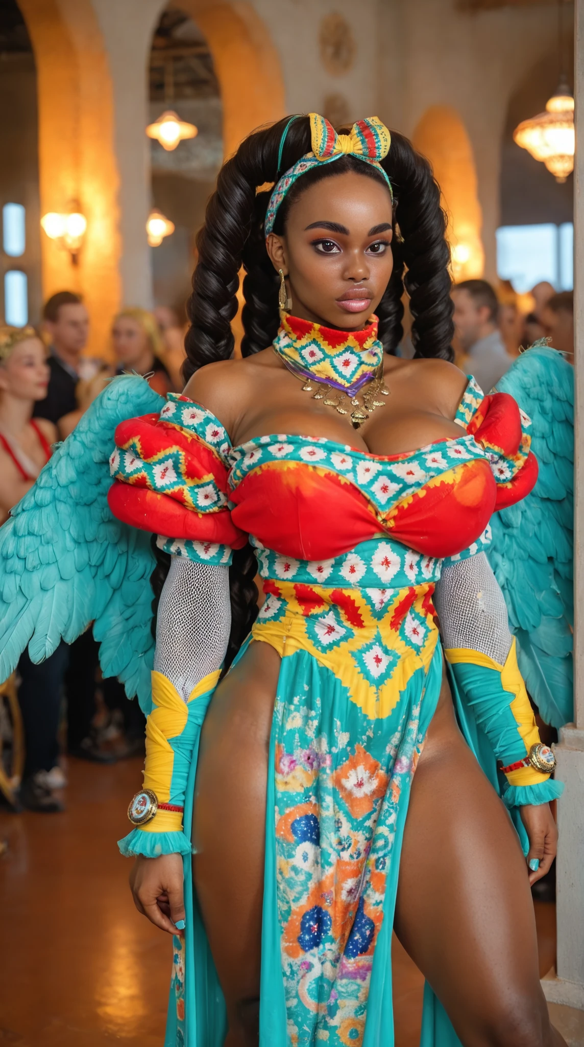 A beautiful curvy woman, dark-skinned, with long black wavy hair, dressed in an elaborate feathered carnival costume with vibrant colors like teal, Pink, amarelo e branco.  The costume features intricate patterns and embellishments, with large, colorful feathers accentuating its figure.  She wears large, white earrings and stands confidently with her hands slightly outstretched., exuding elegance and power.  The background is a lively, festive scene filled with colorful confetti-like elements, enhancing the celebratory atmosphere.  3D realistic style should emphasize realistic textures, the bright colors and intricate details of the costume and feathers, capturing the regal and majestic essence of the scene.  The entire body must be shown.
