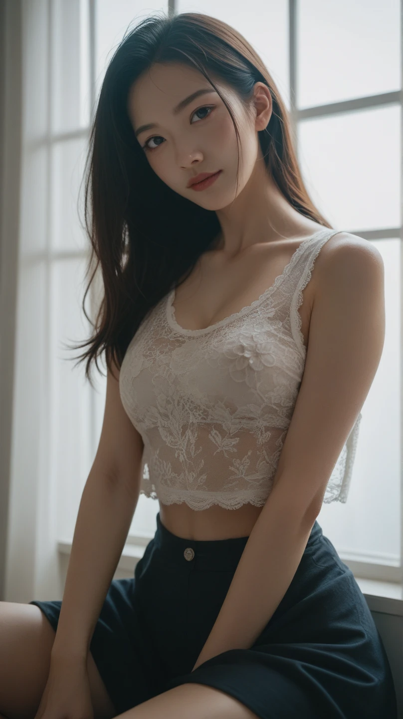 Dark brown hair、Light brown eyes、Japanese actress、 Lady、I am about 40 years old....、(Intricate details:1.2)、 (Ultra-high resolution:1.2)、Ultra-high resolution、(Finely tuned)、(Detailed facial features)、Hmph、8k resolution、D cup size breasts、Long Hair、Bright terrace room with sunlight streaming in、Large windows、Extravagant space、relax、、,Full body photo、Head to toe shot、Beautiful legs、black　Loose fit openwork T-shirt、Underwear shorts、Beautiful legs、Bright terrace room with sunlight streaming in、she, household items,   (plant:0.8), Fashion Hub, Very detailed, Very detailed, Realistic, Hourglass Shaped Body, Obscene pose,、Messy Hair、Messy ponytail、Leaning against a wall、I cry a lot、tears、Skin is visible through the knit、White floor、White wall、A masterpiece of transparent painting、