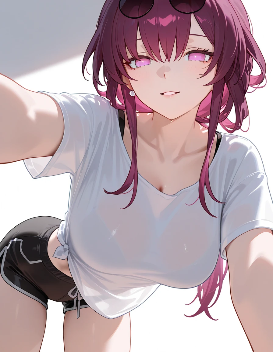Grunge style best quality, masterpiece, illustration by sanmuyyb ,purple hair, pink glowing eyes, cel shading, ponytail, medium breasts, yuzuriha_\(jigokuraku\) <lora:XL-yuzuriha_(hells_paradise)-XL:0.6>  , dutch angle, gorgeous,  beautiful mature female, sketch, award-winning drawing, official art, full body painting \(medium\),uhd, 32k, perspective, cinematic,  close-up, shaded face, eyeliner, eyeshadow, highly detailed pink eyes, bangs, (white t-shirt, denim short shorts:1.1), ray tracing, HQ, absurdres, narrow waist, hips, thighs, bare shoulders, looking to the side, head tilt . Textured, distressed, vintage, edgy, punk rock vibe, dirty, noisy