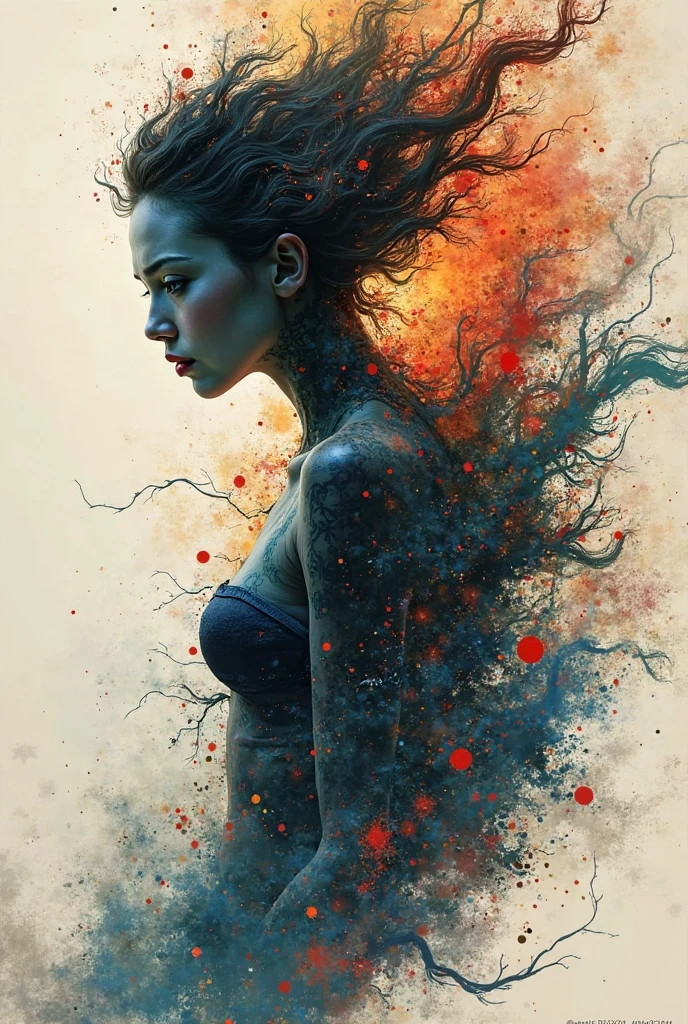 beautyful girl is Out of splashing alcohol ink painting Frame
Multi layering effect of body slices. POV alcohol ink splashed woman.
