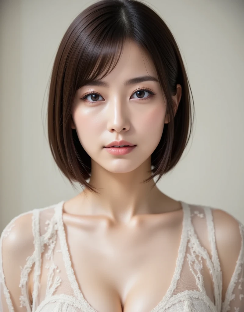 ((masterpiece, highest quality, High resolution, Photoreal, RAW photo, 8k wallpaper)), very detailed, 私を見つめる笑face、(1 45 year old Japanese mature woman:1.1)、(accurate anatomy:1.1)、 women sexy, detailed face, beautiful eyes, bangs, soft little cleavage、(finest bra)、perfect makeup、long eyelashes、lipstick、plump and beautiful lips, Beautiful and shining lips、(close-up of woman'face:1.3)、(Blurred luxury love hotel bedroom:1.1)、Warm and romantic lighting, moody colors