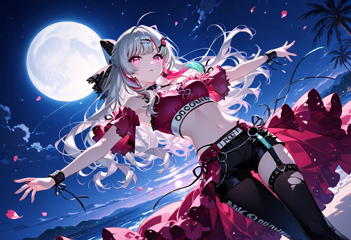 anime girl , curly white hair,red eyes,wearing Halter dress top,have medium breasts, Glitching pixels form her playful spirit, a digital butterfly in a world of code.