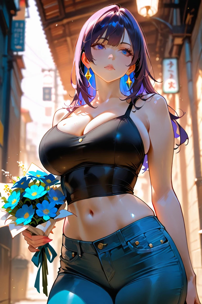 Chinese Idol Cute Mature Woman The spring wind blows large amount of wisteria flowers Lavender Fields Purple hair with bangs Hair blowing in the wind Rimless glasses Bright red rouge lips Big Breasts Wet purple shirt Blue denim hot pants Knee-high boots Turn around with your back Sit with your buttocks sticking out Turn around and make eye contact Photorealistic Happy expression Duck mouth masterpiece