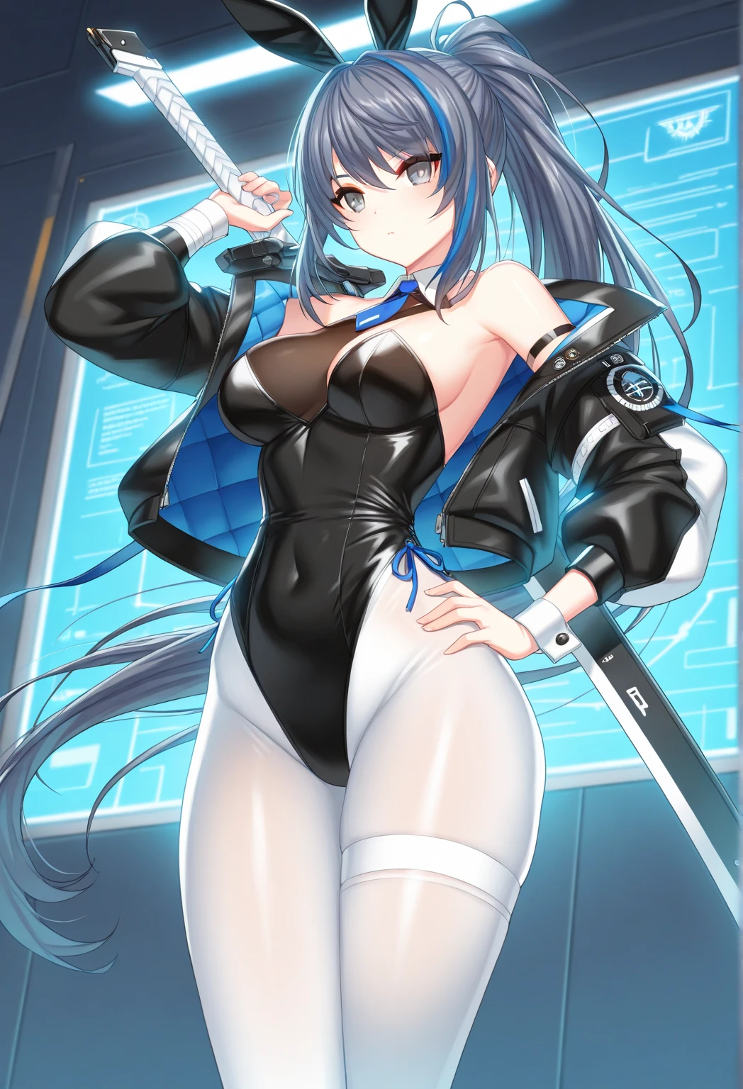 ((ultra detailed, masterpiece, absurdres)) KOFKulaD, 1girl, long hair, blue hair, red eyes, bangs,Red wine bodysuit, gloves, zipper, overlooking the classroom from a rooftop, chic outfit, standing
