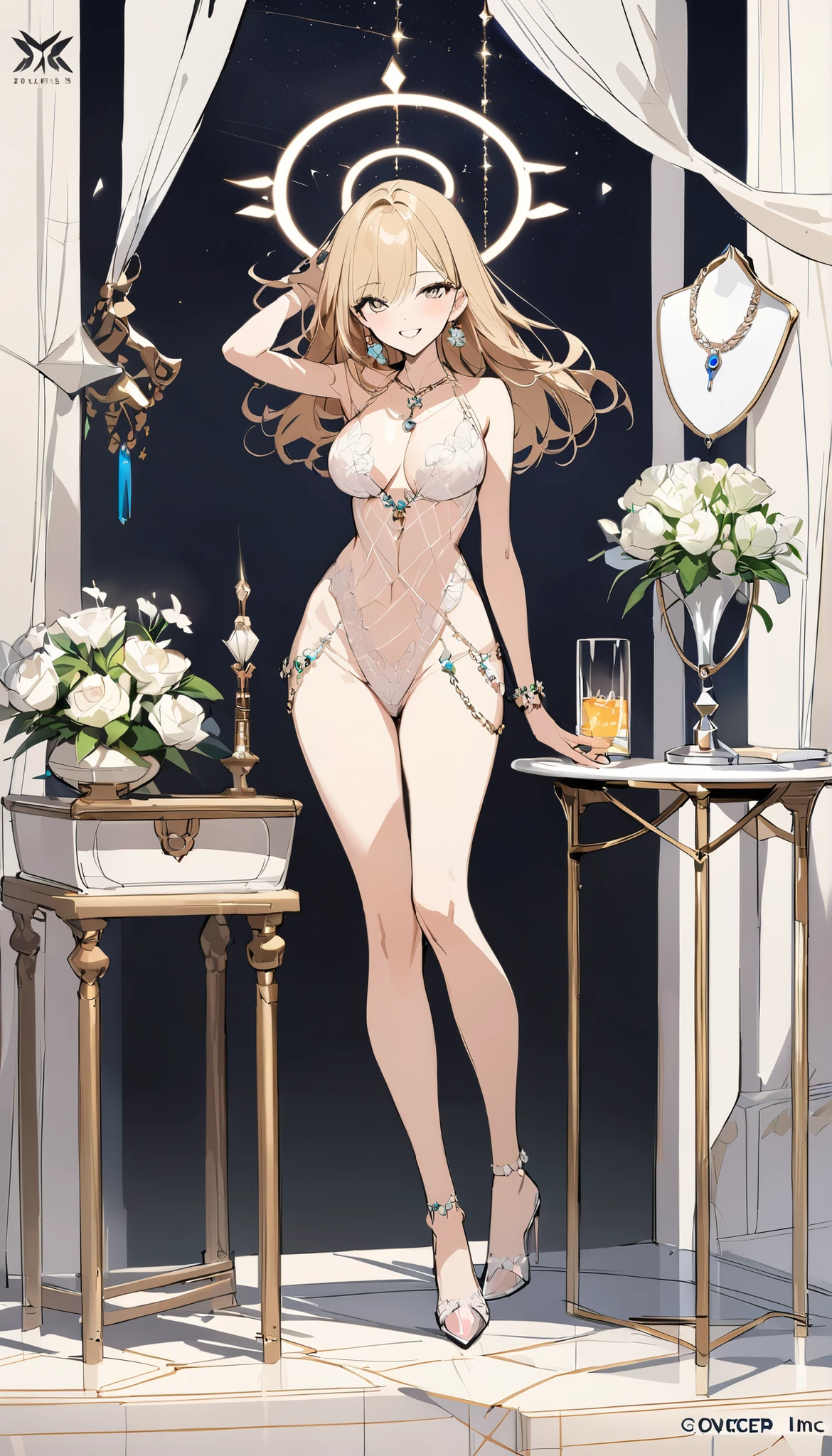 Reference Table, Concept Figure , character design,girl,beautiful dancing girl,Wink,Stunning Beauty,sexy,sketch),There is a mole under the eye, star necklace, (Masterpiece, BEST QUALITY), Official Art, beautiful and beautiful: 1.2), (1 个girl), is very detailed, (Geometric Art : 1.3),Halo,Flower earrings 、 Full Body 、sexy underwear,breast chain,Clear,sexy,Camel Teeth,Four Leaf Clover,Glass Heels,sexy,nude