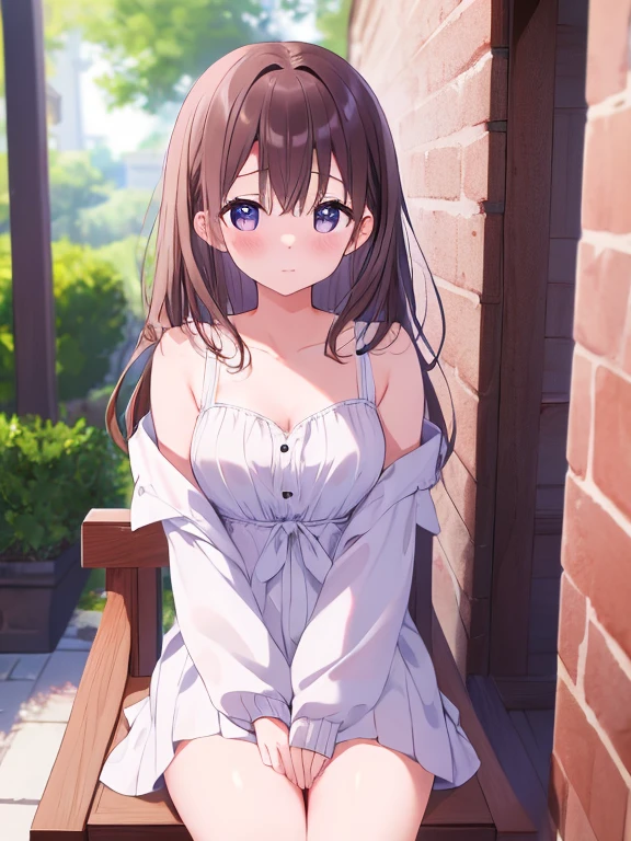 <lora:HanasatoMinori:0.61>, (minori, 1girl, solo, brown hair, grey eyes, medium hair:0.7), (incredibly detailed flower hospital:0.86), bare shoulders, collarbone, masterpiece, best quality