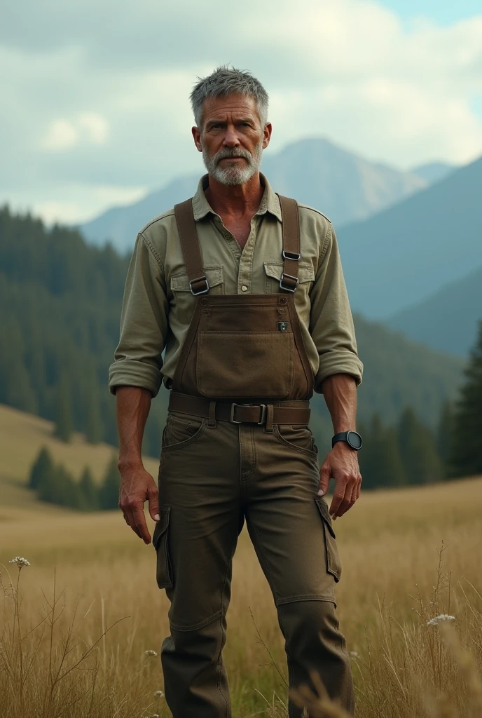 Gregor Jane, a 60 year old  male farmer; sandy haired; lines on face; living on planet Corelia; dual suns high in the sky; standing in fields of waist high grain; reddish dusty glow to sky, bare skinned chest and belly; wearing a star wars cowboy hat : wearing  knee length brown canvas britches; stormtrooper style utility belt around waist ; wearing a  wrist communicator; bare skinned knees and calves; droid harvester in background, 