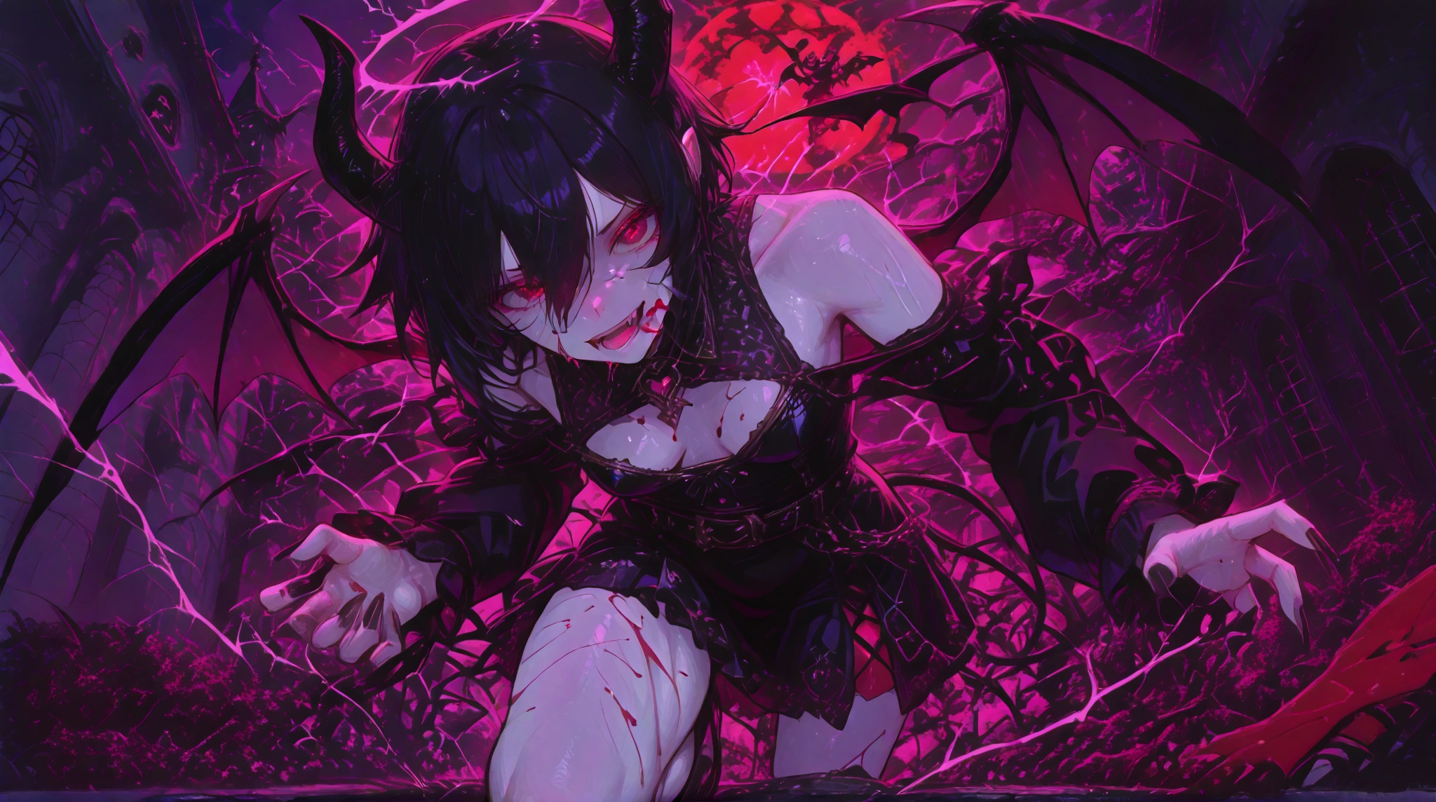 Demon girl with red skin, black horns, completely black eyes, straight black hair, muscular, purple eyes, demon tail, Red skin , black eyes, purple eyes