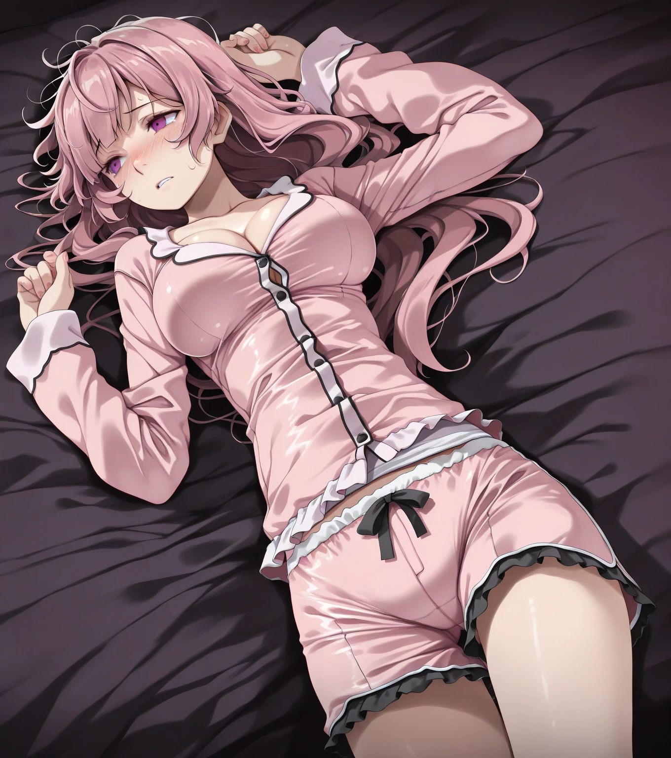 gefesselte Arme, (Arms behind the back:1.5), (blush:1.8), ((gefesselte Handgelenke, Ankle with rope)), ((Arms behind the back)), ((Shibari over clothing)), Fesselung mit Seil, 4k quality, verlegener gesichtsausdruck, anatomisch perfekt, 1 girl, Ichinose Honami, white skirt, Red crop top, (Liegen in einem Bett:1.6), (Full body:1.6)
