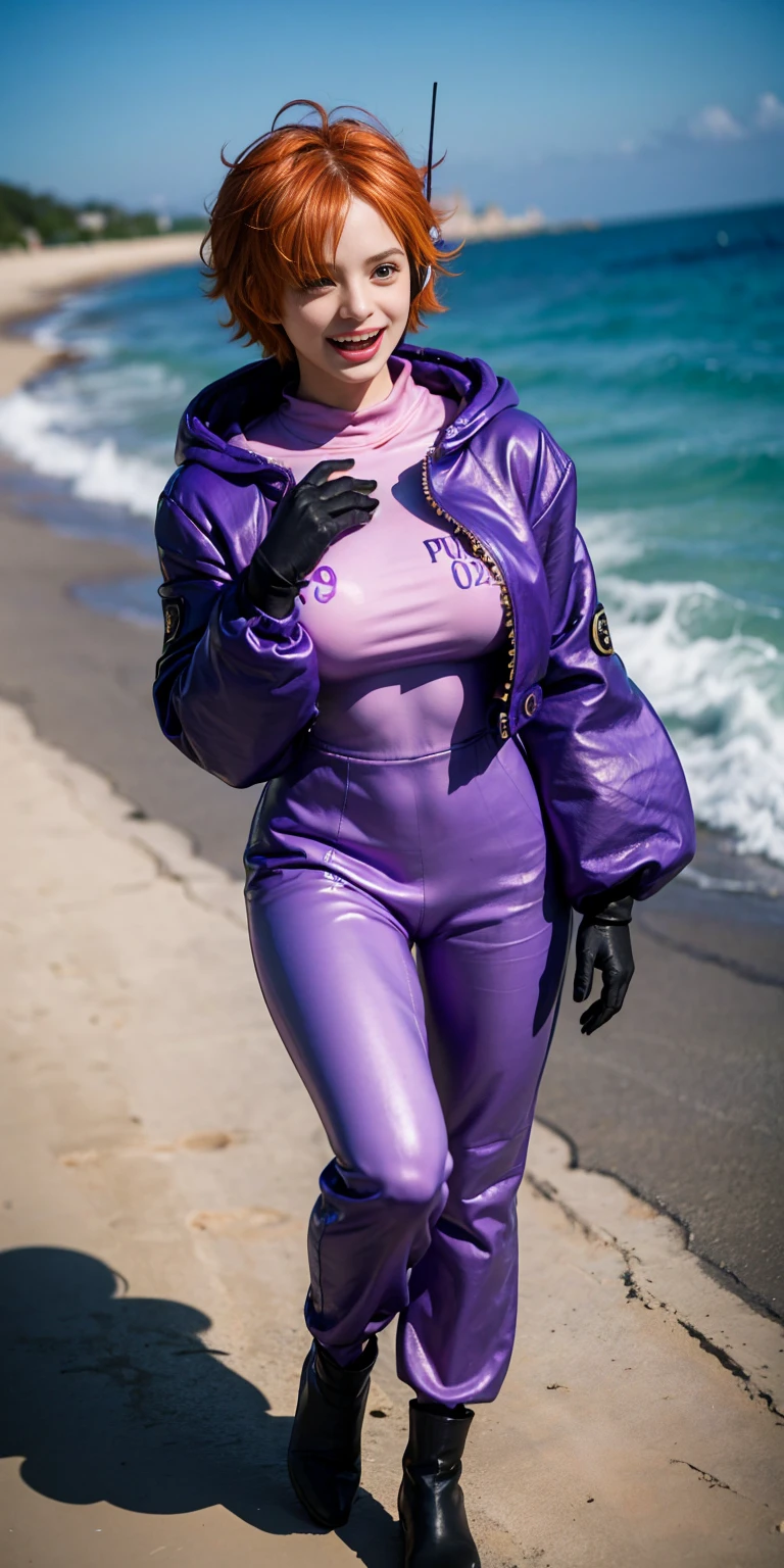 A see-through rubber suit with a zipper and open chest、Transparent nipples、Cosplay、Leaning forward、Ocean、Purple Hair