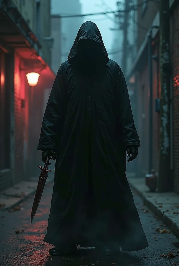 18 year old boy, 1,86 meters high, Caucasian skin, Eyes red, white  hair, Korean appearance, Ghostface set, with the Ghostface mask in one hand and a bloodstained knife in the other. Scene of a dark alley