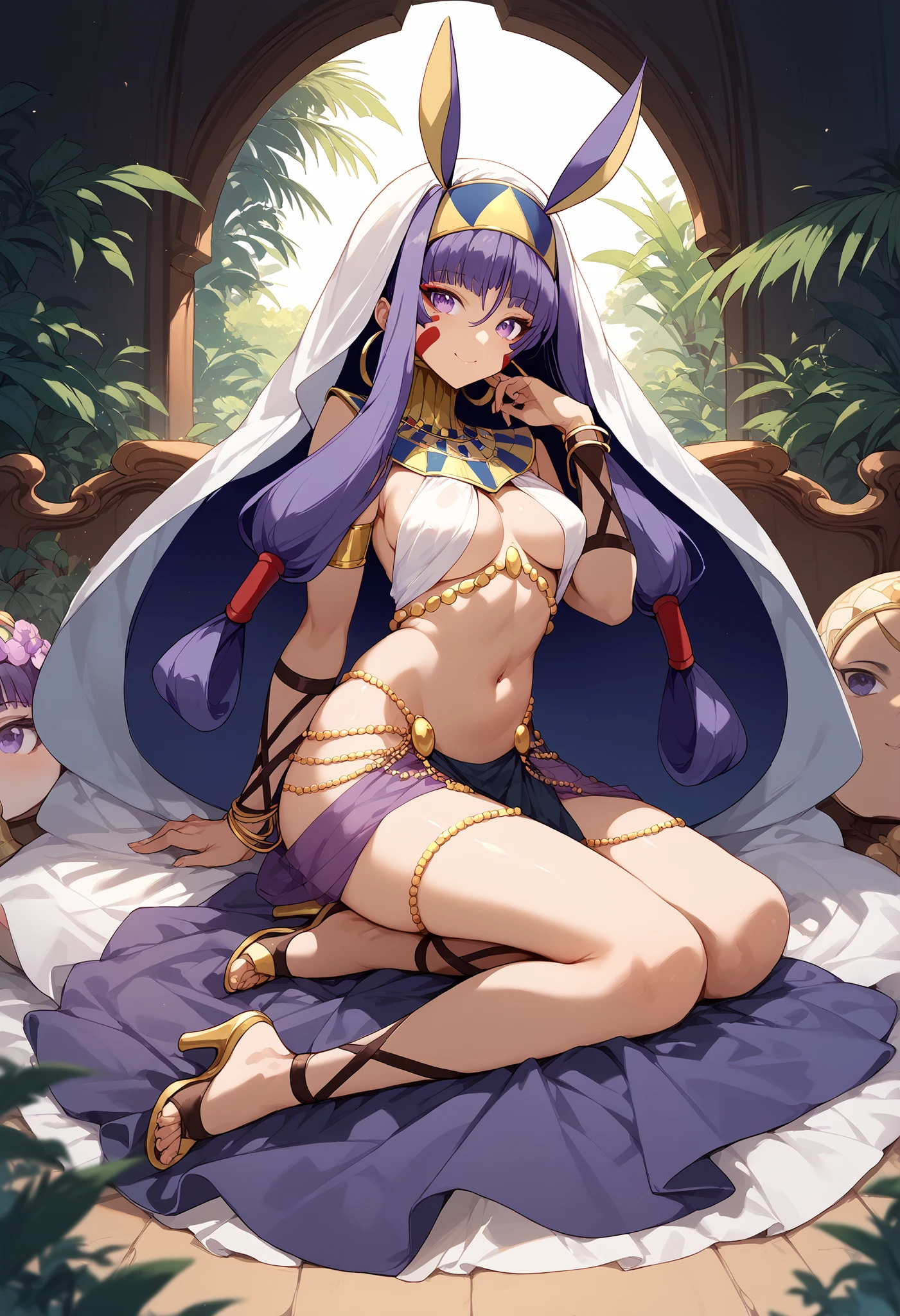 outfit-nitocris,hug, 1girl, [GF-carno_g],bare arms,solo, breasts, navel, large breasts, looking at viewer, hotel,  <lora:outfit-nitocris-pynoise-000005:1>