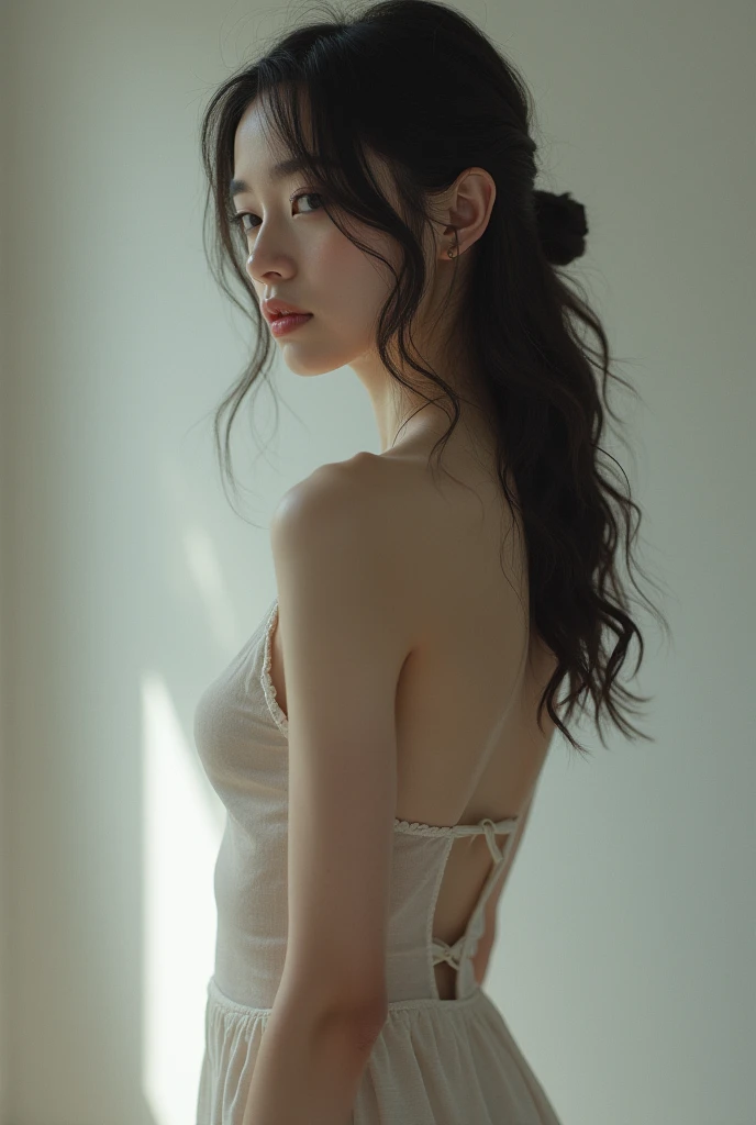 ((shoot from behind:2)),((stand:1.6)),((Erotic position)),1 girl,, (white background), ((8K, born, masterpiece: 1.4)), (background is white),((Skimpy sexy white bikini underwear)),(プロの写真撮Shadow, sharp:1.2), ((from movie still)), perfect dynamic composition, (natural sunlight), (soft shadow), (perfect body:1.4, slim abs:1.2), ((Japan hairstyles:1.4, big breasts:1.2)), Straight hair,,long hair, Super detailed face and skin, perfect asian, white skin, (fine skin:1.3),(latex skin:0.4), (perfect shiny skin:0.6), Shiramori Ai, 同僚の学born, 27 years old, Fashion Model, show cleavage, black hair, light brown eyes, beautiful eyes, round eyes, cute face, blushing face, natural lips,Moisturized lips, high nose bridge, glossy eyes, perfectly proportioned face, realistic moist skin, exquisite expression, look away from the camera、exquisite expression, highest quality,masterpiece,ultra high resolution,(reality:1.4),Original photo,cinematic lighting,
1 girl,Tyndall effect,light and Shadow,Shadow,Beautiful face in every detail、realistic human skin、gentle expression、realistic、Photoreal、minimalist,