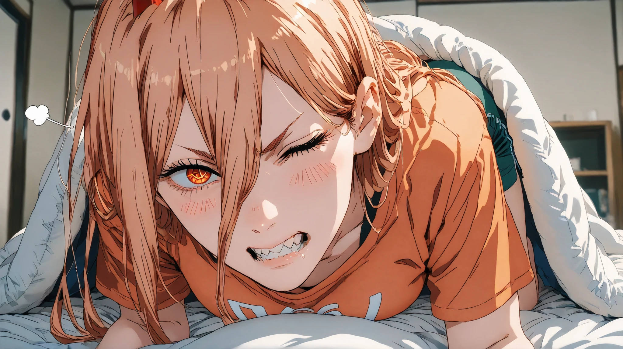 8k, ultra high quality, power\(chainsaw man\), using her orange t-shirt and shorts, one eye closed, mouth open, teeth, sigh, on all fours, depth of field , close up, pov, laying in futon