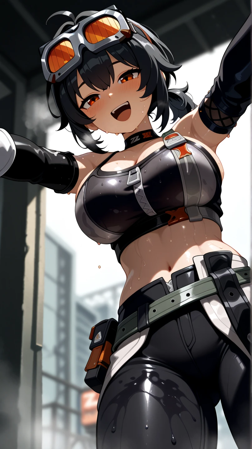 1girl, ((26 year old, Filipino Woman, tanned bronze skin:1.02, short black hair:1.3, Detailed Amber eyes:1.03, Detailed face, medium breasts, (Wearing: Strapless Black tube top, black leather pants, white belt, bracelets:1.2)), (midriff), (agile physique:1.1), (Character Focus),Perfect Anatomy, Looking at Viewer, 4k textures, raw photo, epic artistic, photoreal art, sharp focus, even lighting, insane details, intricate details, hyperdetailed, rich colors