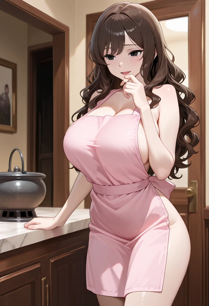 (Browsing Caution), (RAW Photos), (Realistic), (Realistic), Ultra-high resolution, masterpiece, Highest quality, Portraiture, facial Portraiture, Perfect lighting, Detailed lighting, Dramatic Shadows, Ray Tracing, 1. Japan is beautiful, 40 years old, Sensual, Cleavage, ((Voluptuous body:1.2)), ((Plump figure:1.2)), Beautiful and delicate brown eyes, Fuller lips, Red lips, big , big ass, big thick thighs, 腹logic, logic, Long Wavy Hair, Brown Hair, Earrings, mouth half open, smile, View your audience, Wearing a naked apron, ((Place your arms behind your back)), In the kitchen,