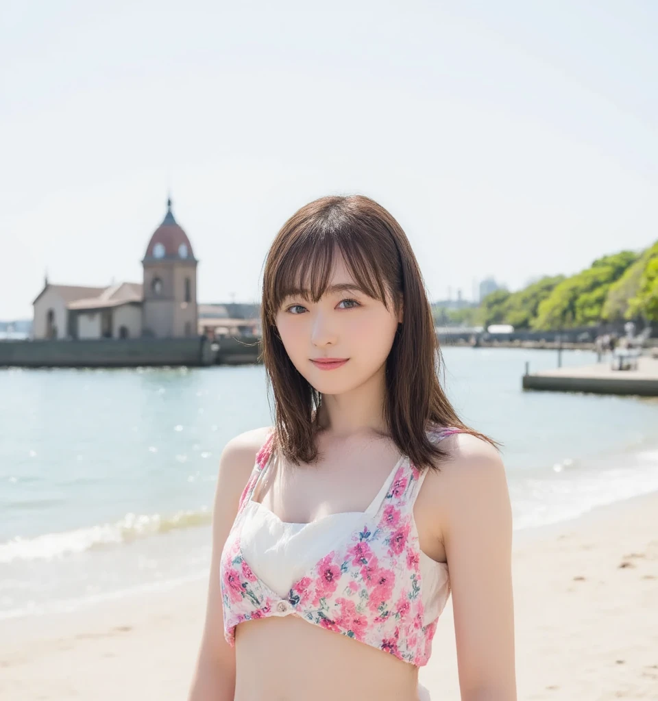 A cute girl on a trip to Nice, France、Looks like a lot of fun、Everything sparkles、Beautiful scenery、middle School girls、Swimwear、フリル付きのSwimwear