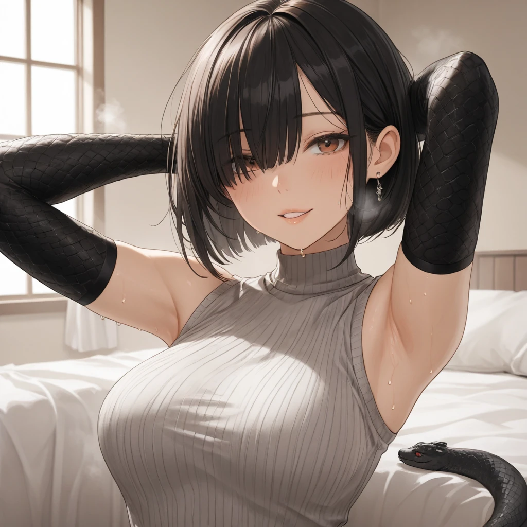 anatomically correct, best quality, masterpiece, high quality, high details, highres, HD, (shaded face:1.2), hollow eyes, grey eyes, looking at viewer, annoyed, blush face, clenched teeth, lips, black hair, long hair, 1girl, breasts, armpits,  gloves, elbow_gloves, blurry, blush, solo, bare_shoulders, looking_at_viewer, black_gloves, black_hair, blurry_background, leotard, yellow_eyes, bangs, indoors, depth_of_field, sweating, wet, steaming body,
