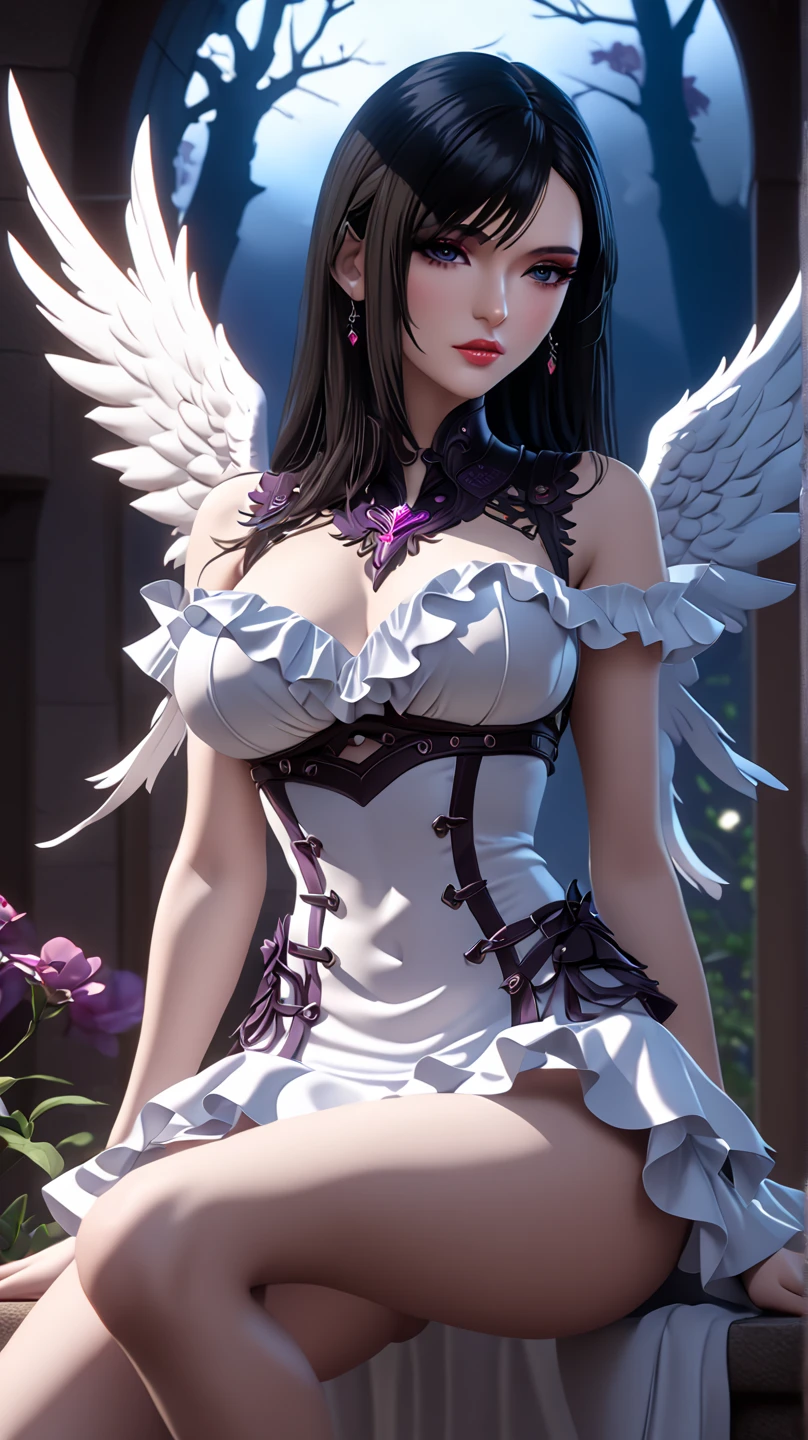 Columbina_(genshin impact), white roses, ornament hair, white roses on her hair, angel, perfectly body, perfectly hands, multicolored hair, black hair, pink hair, long hair, garden scenery, gold lantern, wedding dress, white dress, a dress with layers, a lot of frills, more details on her clothes, golden details on the dress, night, ((4k, masterpiece, top-quality)),8k, best quality, high resolution, HD, (illustration:0.8), super cute girl, delicate and beautiful face, 1girl, solo, mature girl, super cute hairstyle, (beautiful detailed eyes:1.6), extremely detailed face, perfect lighting, extremely detailed CG, (perfect hands, perfect anatomy), super complex details, intricate details, Best quality, cleavage, clothes lift, skirt, lying, full Body, perfect body ,sitting, two legs, two arms, two hands, five fingers