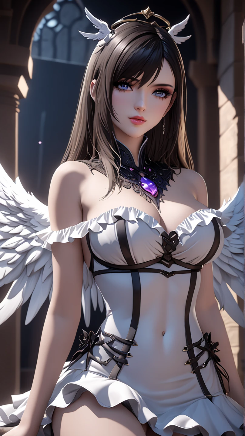 asian angel girl,White wings,white bra,hands tied behind her back,The body is bound by chains,Climb down,Prison background,The chain is wrapped around the body,torture,leather whip,leather boots,