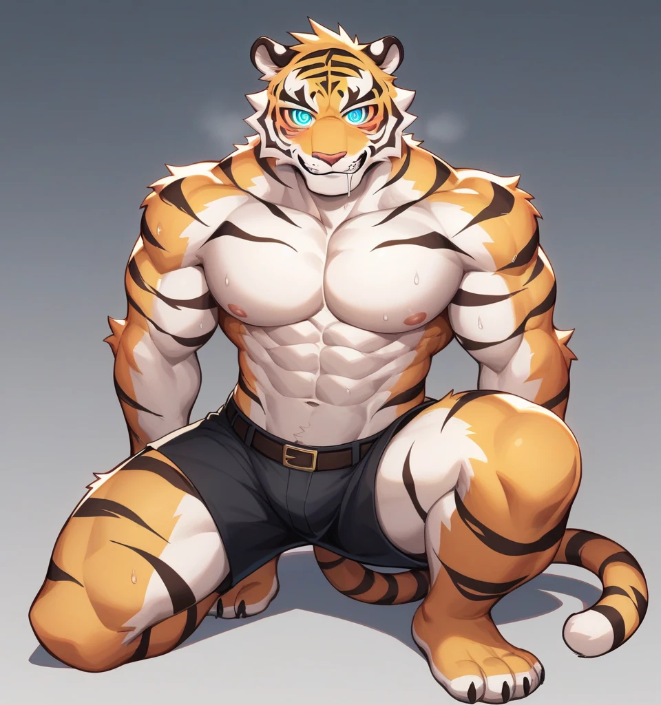 Tiger, good looking, male, anthro, ultradetailed, muscular, solo, bareness, rippling muscles, muscles, locker background, tail, smiling, big pecs, looking at viewer, jockstrap, bara, flexing, smiling,