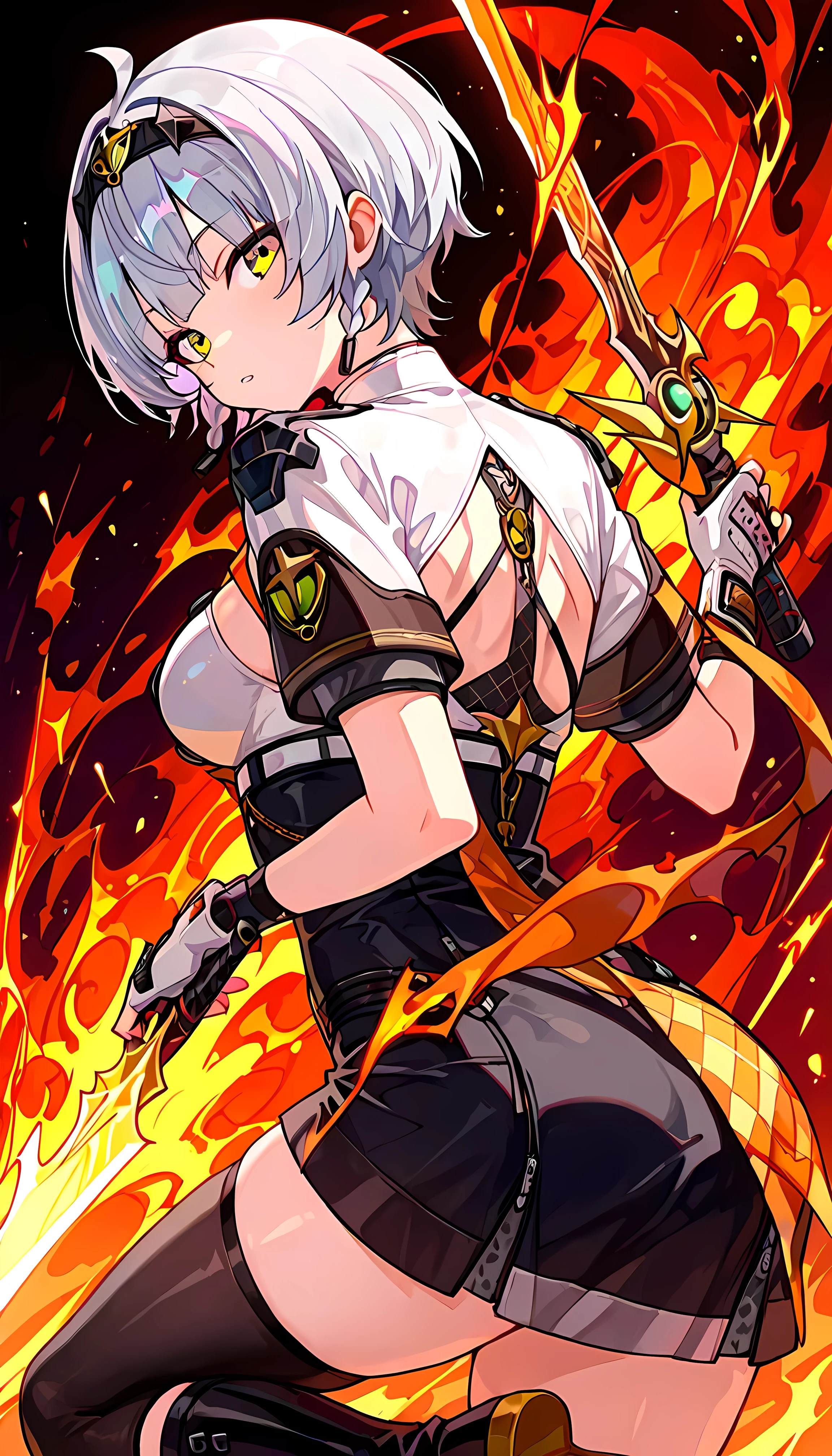 score_9, score_8_アップ, score_7_アップ, BREAK source_أنيمي, (名作), (最高品質),anby demara \(silver soldier\), 1girl,solo, 笑顔, looking at viewer, ,clothes: silver soldier black and white short dress, silver soldier clothes, 1girl, black knee boots, fingerless gloves, hairband, silver hair,anby demara \(silver soldier\), clothes: silver soldier black and white short dress, silver soldier clothes, 1girl, black knee boots, fingerless gloves, hairband, silver hair
BREAK つやのある瞳, アニメ塗り, 魅惑的, エロティック, つやつやな肌, 太もも, セクシー, (かわいいイラスト:1.3), (高彩度:1.3), かわいい顔と目, ダイナミックな照明, extremely detailed background description, from behind, looking back,
BREAK 傑作, 最高品質, 驚くべき品質, とても美的, 高解像度, レイトレーシング, 高解像度, 4K, 8k, 高画質, 最高品質, それ' s とんでもない