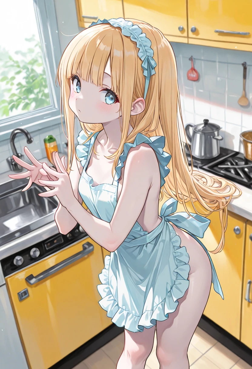 Blonde longhair、de pele branca、small stature、Undersized breasts、Young Face、innocent smiles、Blue eyes、In front of the washing machine、in a house、barechested、NSFW,
