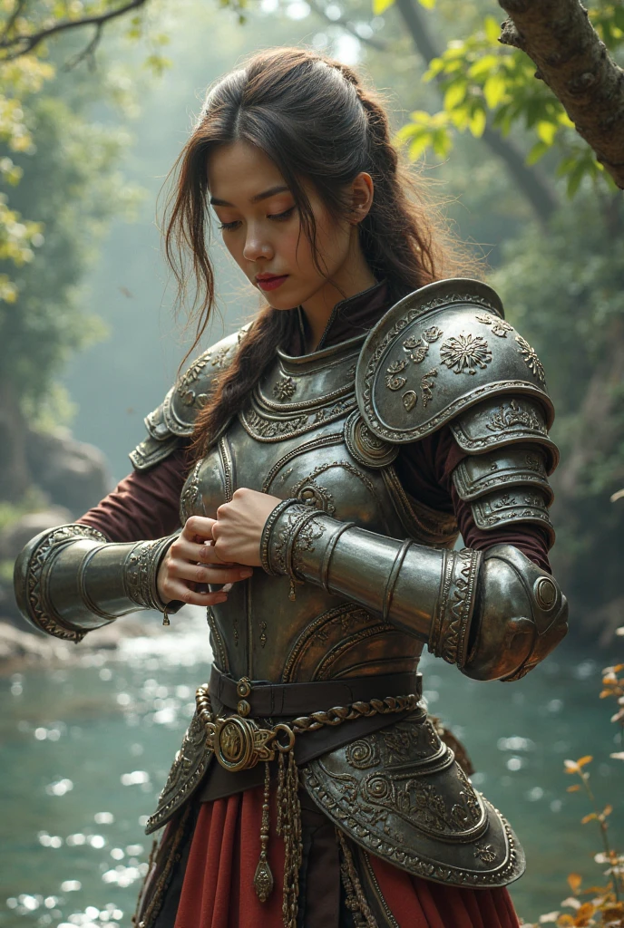 masterpiece, Christina Chong beautiful face, narrowed eyes. smirk. black braided hair, beautiful elf, (delicate red transparent armor), (medium breasts), (perfect body), (redblonde, length hair), outside, (Skin texture:1.1), best quality, ultra high resolution, RAW-Foto, Nikon D850, Contre-Jour, rim light, bright sunlight, film grain:1.2, (warm hue, warmer Ton:1.2), (color photo), Fantasy Battlefield Background,