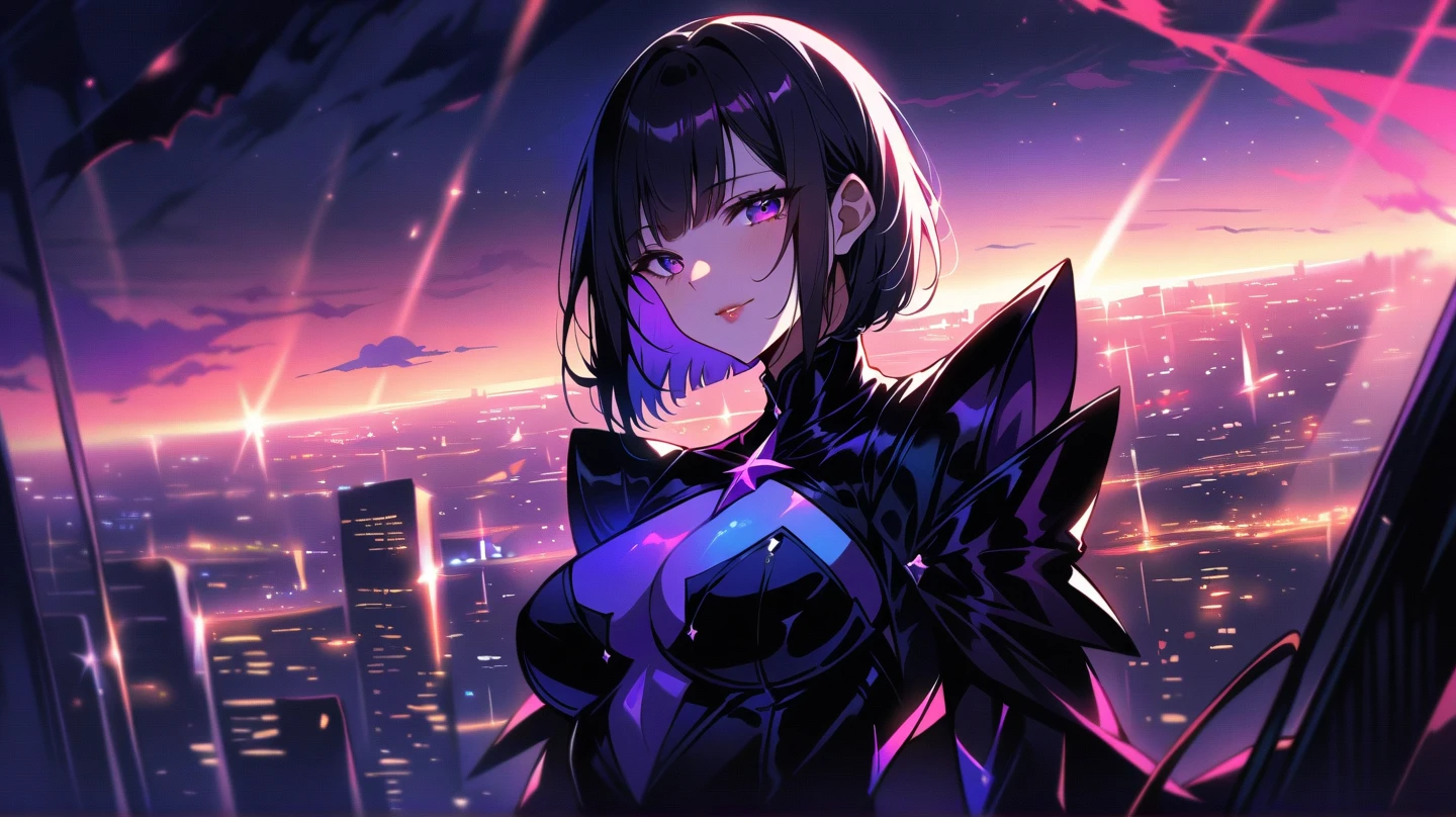 best quality, masterpiece, highres, detailed, perfect anatomy, hair clips, tights, cape, black bodysuit, evil smile, breast plate,heterochromia, multicolored hair, glowing eyes, night, city, blunt bangs, hood, EvilExecCh, <lora:EvilExec:0.7>