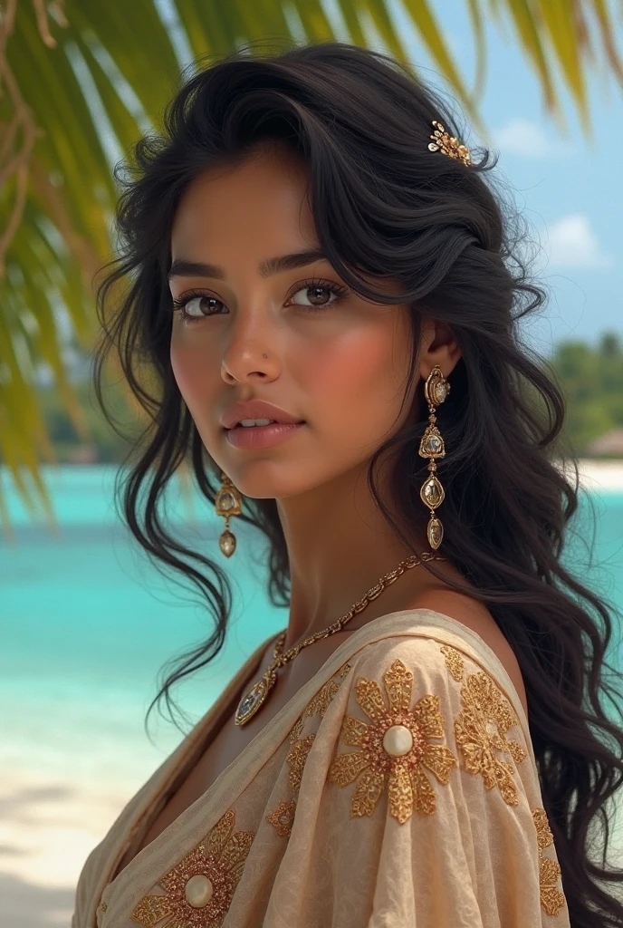 Indian princess, very fair, white pink with golden work dress in detailed. Medium figuer,
wavy long black hair, flowers decorated in hair, standing pose beside a ocean looks into the camera, symmetrical big eyes, symmetrical face, photorealistic, photography, path tracing, specular lighting, volumetric face light, path traced hair, visible shadows, intricate, elaborate, hyper realistic