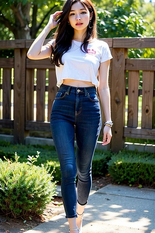 （Best quality：1.4），Intricate details，20-year-old Korean girl，Wear a loose black T-shirt and skinny jeans，Stand on the grass and take pictures，Detailed meadow，Sweet smile，Ultra-realistic facial details，coquettish pose，Slender calves:1.2，Wear colorful canvas shoes:1.0，Full body image:1.5