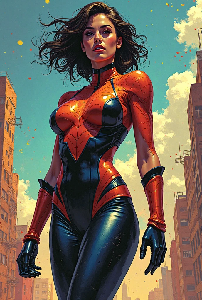 Halle Berry、Sticking out the navel、newyork、She wears a torn Spider-Man suit,wearing skirt、 Red and black color scheme,Dynamic、masterpiece、top-quality、ultra-detailliert、ighly detailed、beautiful detailed brilliance、超A high resolution