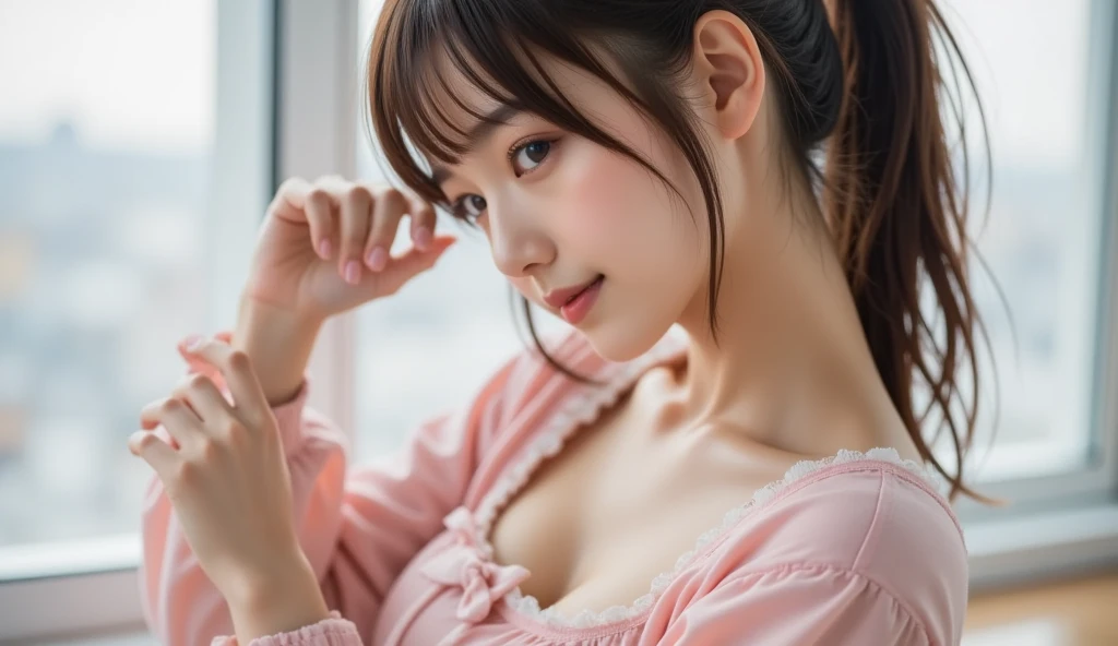 bright表情、Photorealism、Highest quality、Ultra-high resolution、picture、Photos of the most beautiful Japan girls、A cute and beautiful face down to the last detail、Small Face、(Pure Eros Face_v1:0.008)、Alice in Wonderland、23 years old、Glowing White Skin、double bun、forehead、bright, Extremely detailed eye resolution、Whole Body Ezbian、Pink nurse uniform、double eyelid、Small breasts、White pantyhose、Forward bending pose、cleavage 、Dentist's office、Dental hygienist、Small breasts、blush、embarrassed、aroused、naughty face
