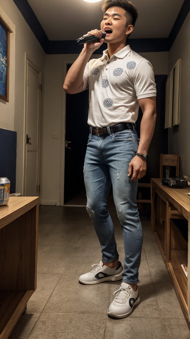 1 boy, blue t-shirt and trousers