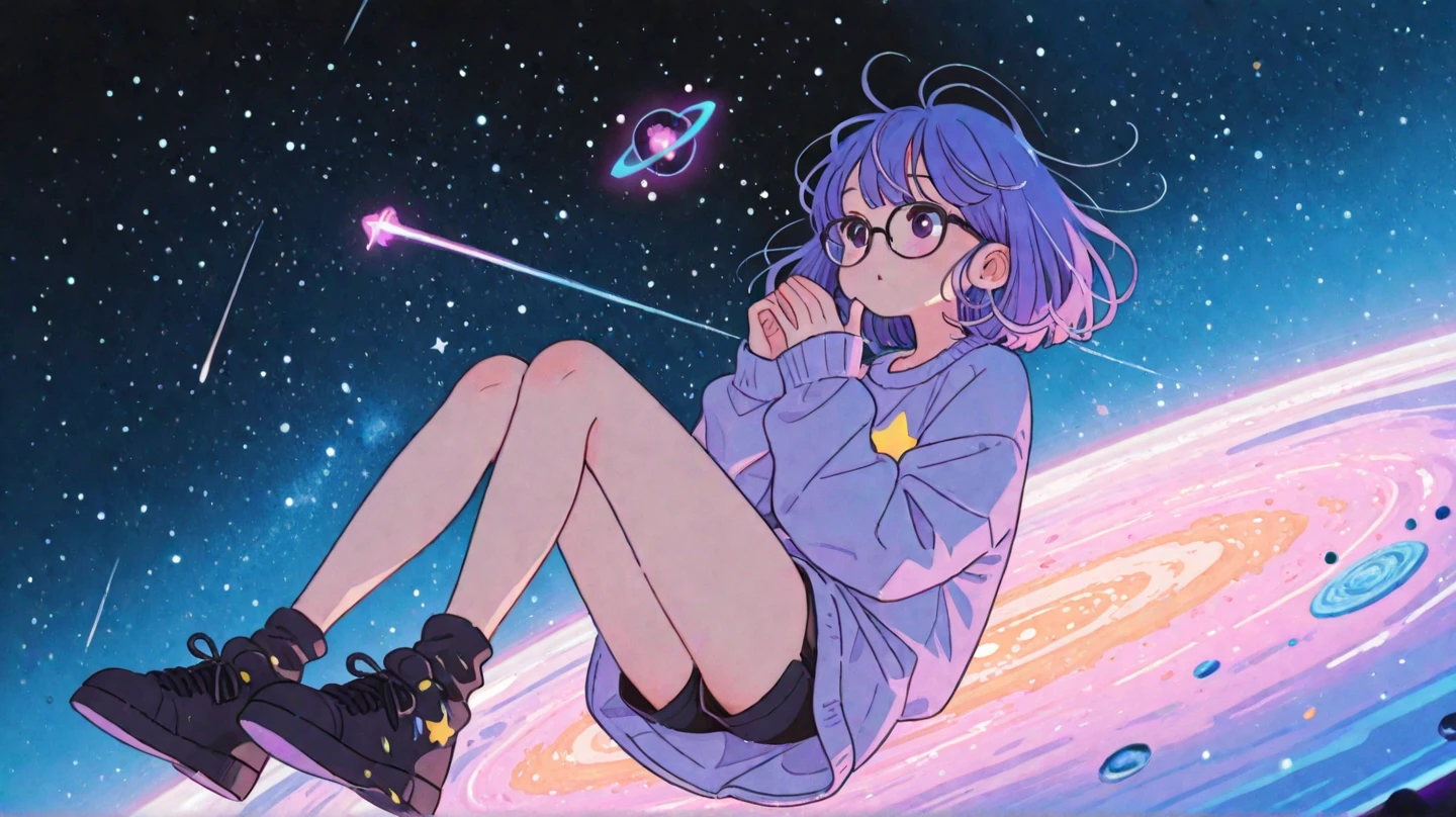 Stars and planets floating in outer space, 1 Girl Skin, Small Breasts, Wearing thick-framed glasses, Highlights her facial features, short hair, Ponytail and Gray, silver shirt, She wore another tight shirt underneath her shirt, Bright colors, and blue skirt high-top non-slip sole boots, Stars and planets floating in outer space