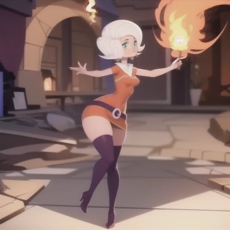 ((Detailed, 8k, masterpiece, high definition)) Ember, solo, 1 girl, girl made of fire, wide hips, big ass, big breasts, sexy seductive posture, dynamic pose, bedroom, ((Detailed, 8k, masterpiece, high definition)) sexy seductive tight cut out dress, tight highs, high heels, garter straps underneath, chocker, arm sleeves, sexy seductive smile on face, ((full body view)), ready to mate