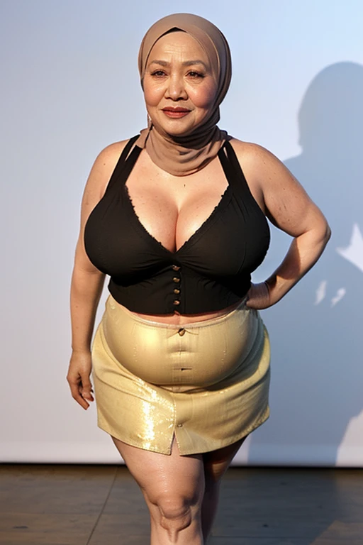 4k, 1 mature bbw, japanese, 45 years old, sfw, looking at viewer, shoot from front, full body, standing, hand waving for viewer, Obese, Plump, bombshell, Enormous Breasts, Sagging breasts, gigantic breasts, Overweight Body, Bulky legs, Wide waist, Flabby, Postpartum, twintail, japanese yamanba make up, shibuya gangro gal, red buisiness suit, nubra, high heels, audience crowd, in mrs ol contest