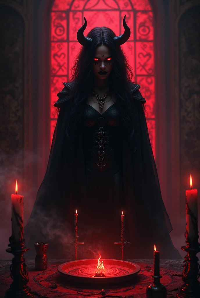 (photorealism:1.2), beautiful african woman, goddess queen hell, Chandeliers. candles, long wavy fur, wind. Macabre humorous laughter, evil, blood on hands. Cigarettes, glass of champagne, cauldron, Red eyes. corona, black feathers, Skins, black goat, dead men, spirits, cemetery, red and black cape, naked, trident, Knives, men watching, dancing dancing