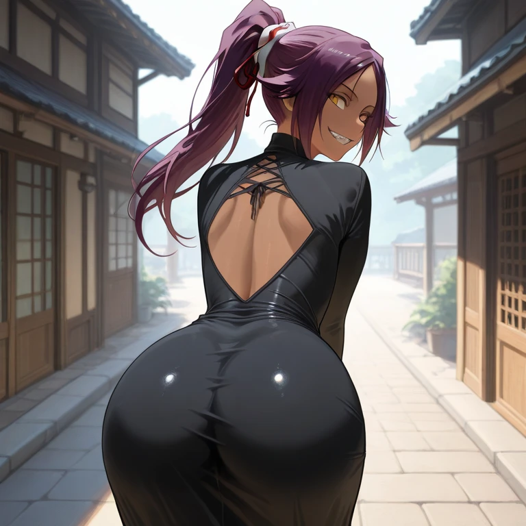 masterpiece, (( )), ,(()), (best quality), short skirt, (solo), 1girl, reona, silver hair, purple hair , long hair, purple eyes, sexy woman, hair between eyes, hair ornament, vibrant colors , natural lighting, RTX, (huge tits), (detailed face:1.2), (perfect eyes:1.1) ,(photorealistic:1.1), 8k uhd, looking a viewer, outdoors, simple backround, smile, (full body), standing pose, ((open legs)), ((view from back)), looking back, butt