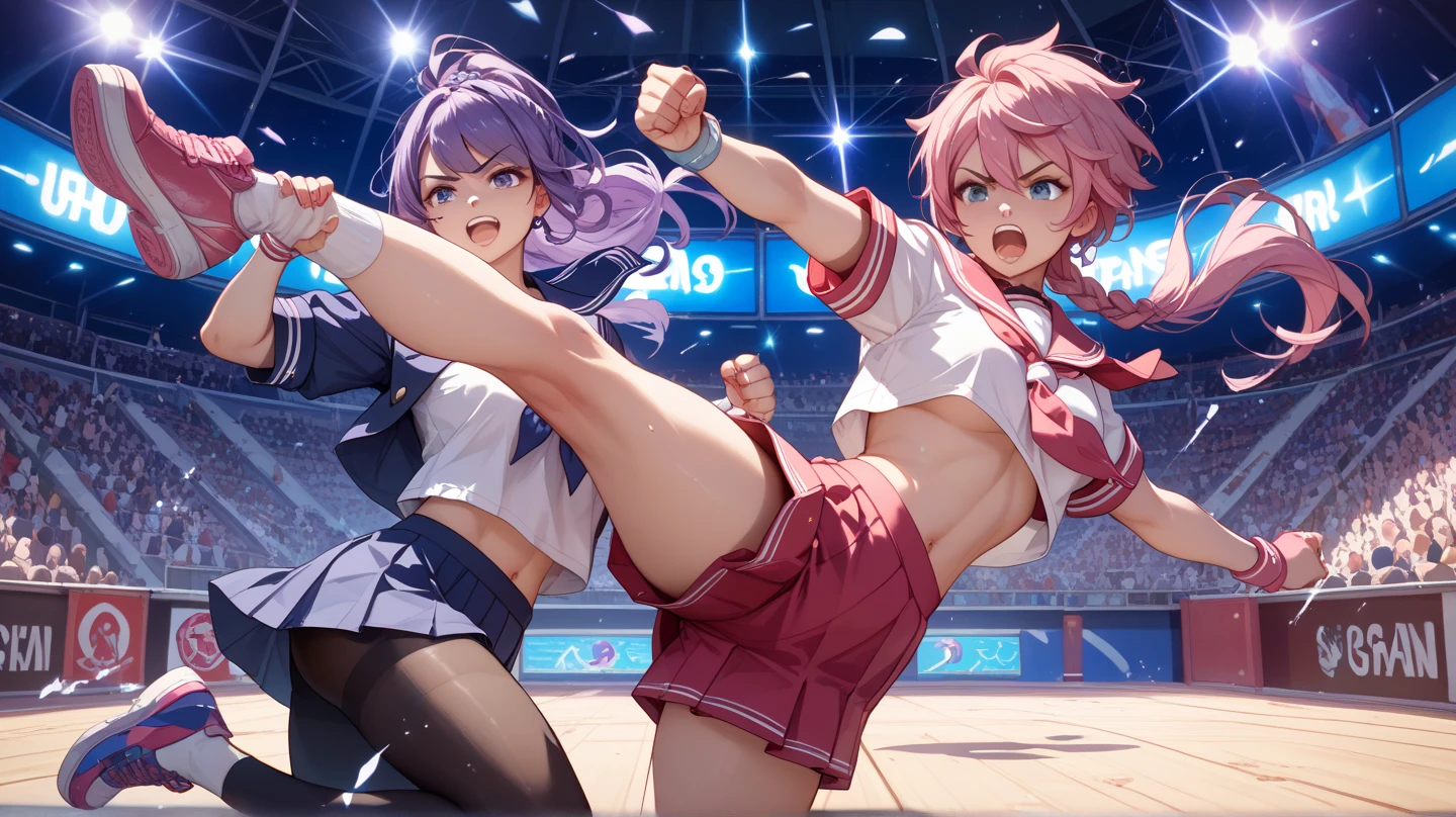 : Everything the Characters say is made up! c.ai + Character Assistant c.ai@1.2 The image I envision would be Sayori and Natsuki, characters from Doki Doki Literature Club, dressed as professional boxers in fighting stance (ready to fight). Sayori wears a blue and white shirt with a flower pattern and a blue short calf-length skirt; her hair is pink and is tied up in two little tails. Natsuki wears a light pink top with a pattern of yellow hearts and matching pink shorts; her hair is dark purple and is styled in a high bun. The scene takes place in a boxing ring, with red laces on the sides and a blue plastic tarp with advertisements on the sides.
