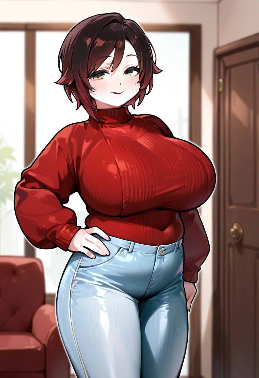 high quality, best quality, beautiful, perfect lighting, detailed face, mature face, ((1girl)), ((solo)), Imagine Ochaco Uraraka as an adult, 45 years old, short brown hair, brown eyes, ((blush)), smile, looking at viewer, black leggings, turtleneck sweater, ((medium breasts)), wide hips, thick thighs, chubby, living room, hands on hips,