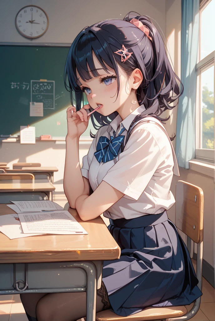 A beautiful black-haired girl in a school classroom Having sex with multiple people