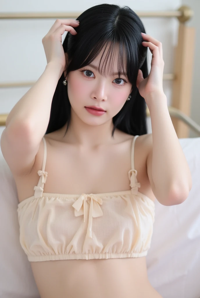 The image shows、A beautiful Japanese girl is shown sitting on a bed.。She is wearing a sexy outfit based on black and white.、The off-the-shoulder top flatters her shoulders and collarbones.。The top is decorated with ruffles、A black ribbon is tied in the center。彼女の衣装はOverall可愛らしさとセクシーさを兼ね備えています。
Her hair is in a twin bun style、My bangs are hanging over my forehead、Her hair is loosely curled and hangs around her face.。The ribbon is used as an accent in the hair.、It enhances her cuteness even more.。Her eyes are big、It has a deep color、Make a strong impression on the viewer。
彼女のexpressionは少し憂いを帯びており、It gives the impression of gazing into the distance。Lips are naturally pink、Overallナチュラルな美しさを感じさせます。Her skin is smooth and has a healthy glow.、The light softly illuminates her figure.。
In the background, a simple interior is spread out.、The large windows let in soft natural light.。White sheets spread out on the bed、The contrast with her outfit is beautiful.。A simple background、It makes her beauty even more pronounced.。
Overall、This image perfectly captures the charm of a beautiful girl.、It depicts the moment when her natural beauty and sexiness come together.。her attitude、expression、And the costumes come together、It is a piece that leaves a deep impression on the viewer.。