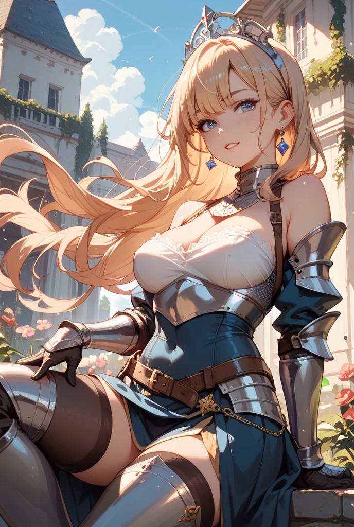 wallpaper of elegant medieval knight woman, wavy long hair, [[brown]] blonde hair, bangs hair, windy hair, leather armor, cleavage, high detailed brown eyes