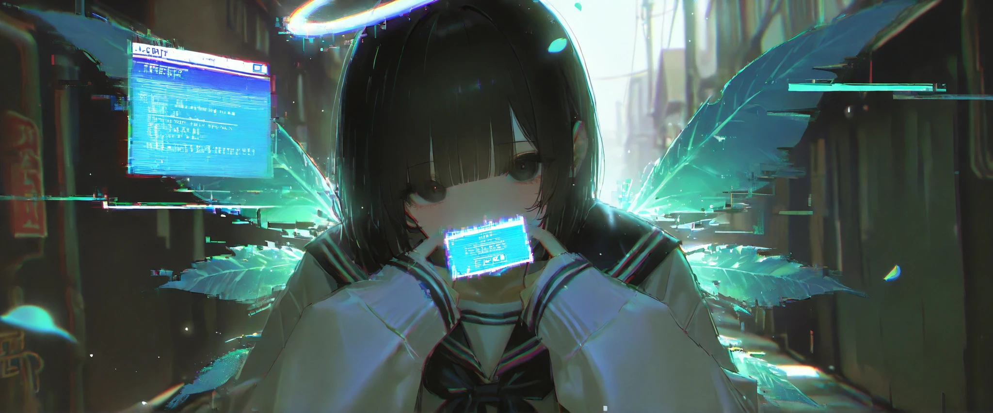 masterpiece, newest,absurdres, incredibly absurdres,sketchy brushstrokes, sketch,film grain, 7481llu,dynamic pose, glitch, 1girl, solo, halo,heads-up display,error message,text ,looking at viewer, upper body, bangs, long sleeves, black hair, sleeves past wrists, sailor collar, black eyes, chromatic aberration, short hair,double exposure,mosaic art,depth of field, scenery,alley, street,petals,leaf,leaf_wings,dreamy atmosphere,light particles,