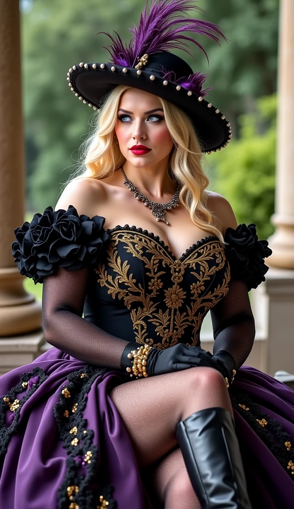 A beautiful Aristacrat goddess with large elegant, hawk-like-nose, who embodies old fashioned class, sophistication, elgance as well as wholesome, natural beauty. curvy, thin-waist, wide-hips, swaying-hips. Laura Vandervoort. Oppulent historically accurate victorian dress. very seductive and perverful.whole body,full body shot, very voluminous long eyelashes, pink shiny lipgloss,  half open mouth,  platin blonde hair,  black dress