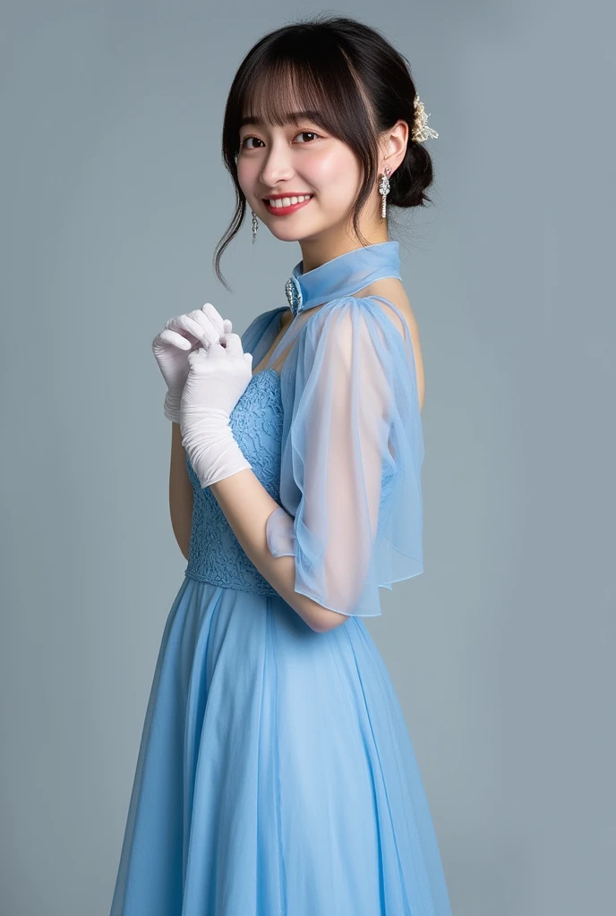 a woman posing for a picture in a dress with a tie around her neck and a smile on her face, rococo,, a picture, dress