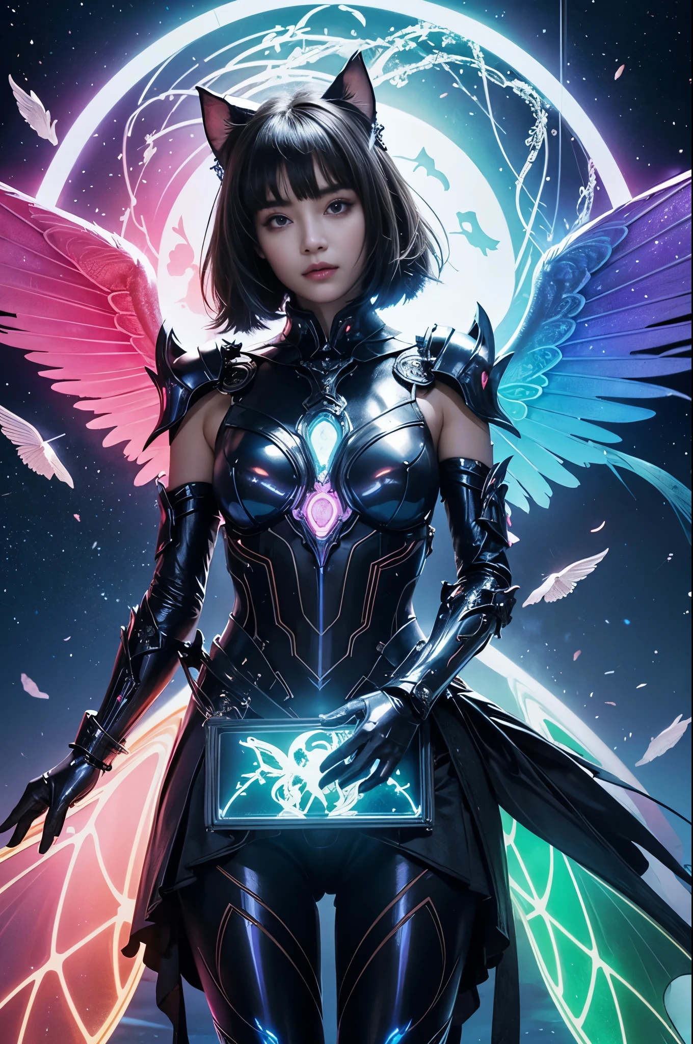 ((best quality)), ((masterpiece)), ((realistic,digital art)), (hyper detailed), Bl00m1ngF41ry female Sylph, humanoid elemental being, delicate and ethereal beings with gossamer wings, guardians of the air, sky,weather, Eighteen, Tall, East Asian, Light blue eyes, Strong Jaw, Unusual face shape, , Dark Brown Wispy bangs hair, Disappointment, Astral Transcendence, Floating posture, ascending to a higher plane, Magus, (Permanent Alizarin Crimson,Naphthol Red Manifest,Unfathomable,Enchanted ,Convection,Plasma,Quasar,Curved lines,Broken lines,Otherworldly,Charmed,Mystifying,Mermaid's Tears Tiles,Luminous Pearl Pathways Diffusion,Brownian motion magic:1.0) earth magic , Weaving spells into fabric, creating enchanted garments and cloaks, Faerie Lights, <lora:Bl00m1ngF41ry-000009:1.0>