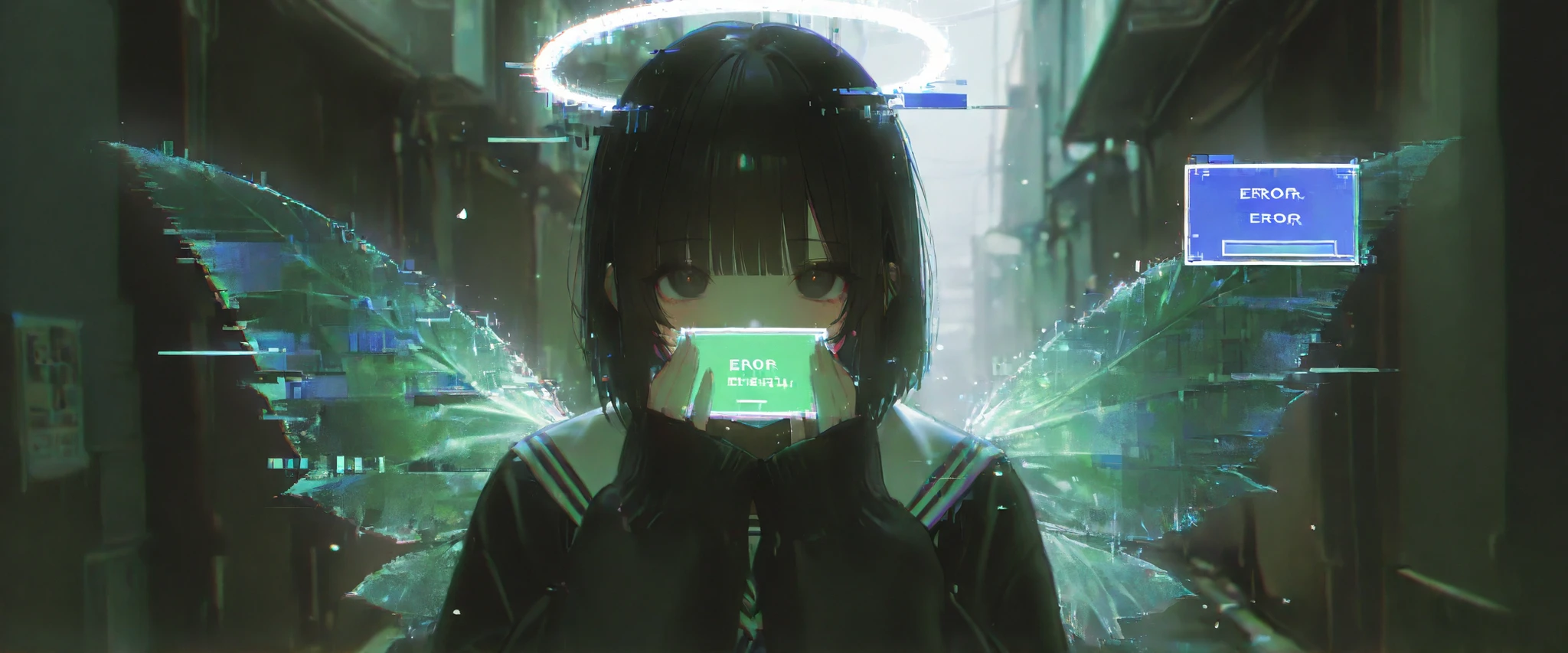 masterpiece, newest,absurdres, incredibly absurdres,sketchy brushstrokes, sketch,film grain, 7481llu,dynamic pose, glitch, 1girl, solo, halo,heads-up display,error message,text ,looking at viewer, upper body, bangs, long sleeves, black hair, sleeves past wrists, sailor collar, black eyes, chromatic aberration, short hair,double exposure,mosaic art,depth of field, scenery,alley, street,petals,leaf,leaf_wings,dreamy atmosphere,light particles,
